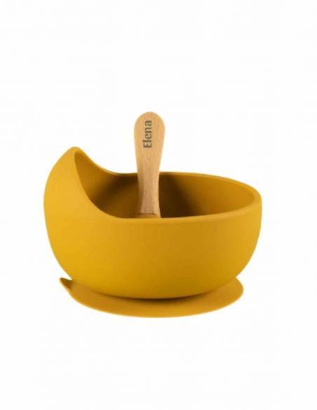 Bol silicona amarillo con ventosa y cuchara madera - Inicio