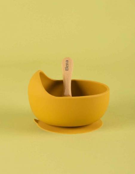 Bol silicona amarillo con ventosa y cuchara madera - Inicio
